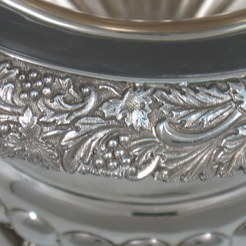 Antique Georgian Irish sterling silver wine cooler made by Edward Power & Edward Twycross of Dublin in 1825. Height 26 cms, diameter 27 cms.