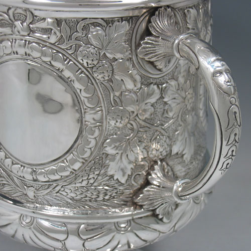 Antique Victorian three-handled wine cooler made by J.H. Hillcox of Birmingham in 1889. Height 25 cms, diameter 18 cms.